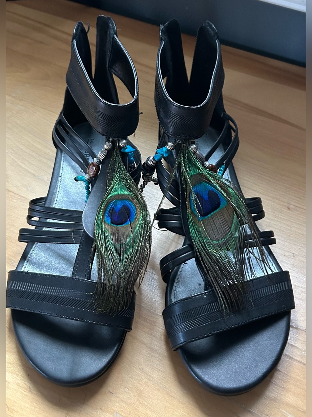 Call It Spring Black Strappy Sandals with Peacock Feather Accent